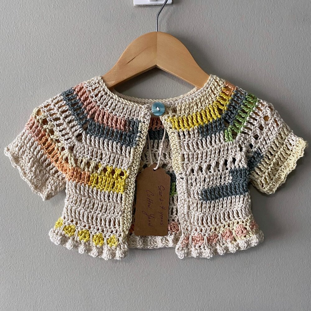 Handmade Crochet Cream Blue Multicolour Children Short Sleeve Crop Cardigan